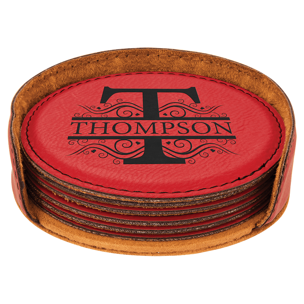 Personalized 4" Red Laserable Leatherette Round 6-Coaster Set - GFT913