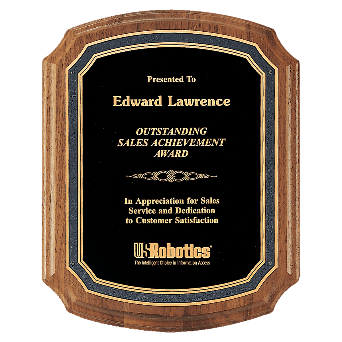 Personalized 9" x 12" American Walnut Plaque with Black/Gold Florentine Border Textured Black Plate