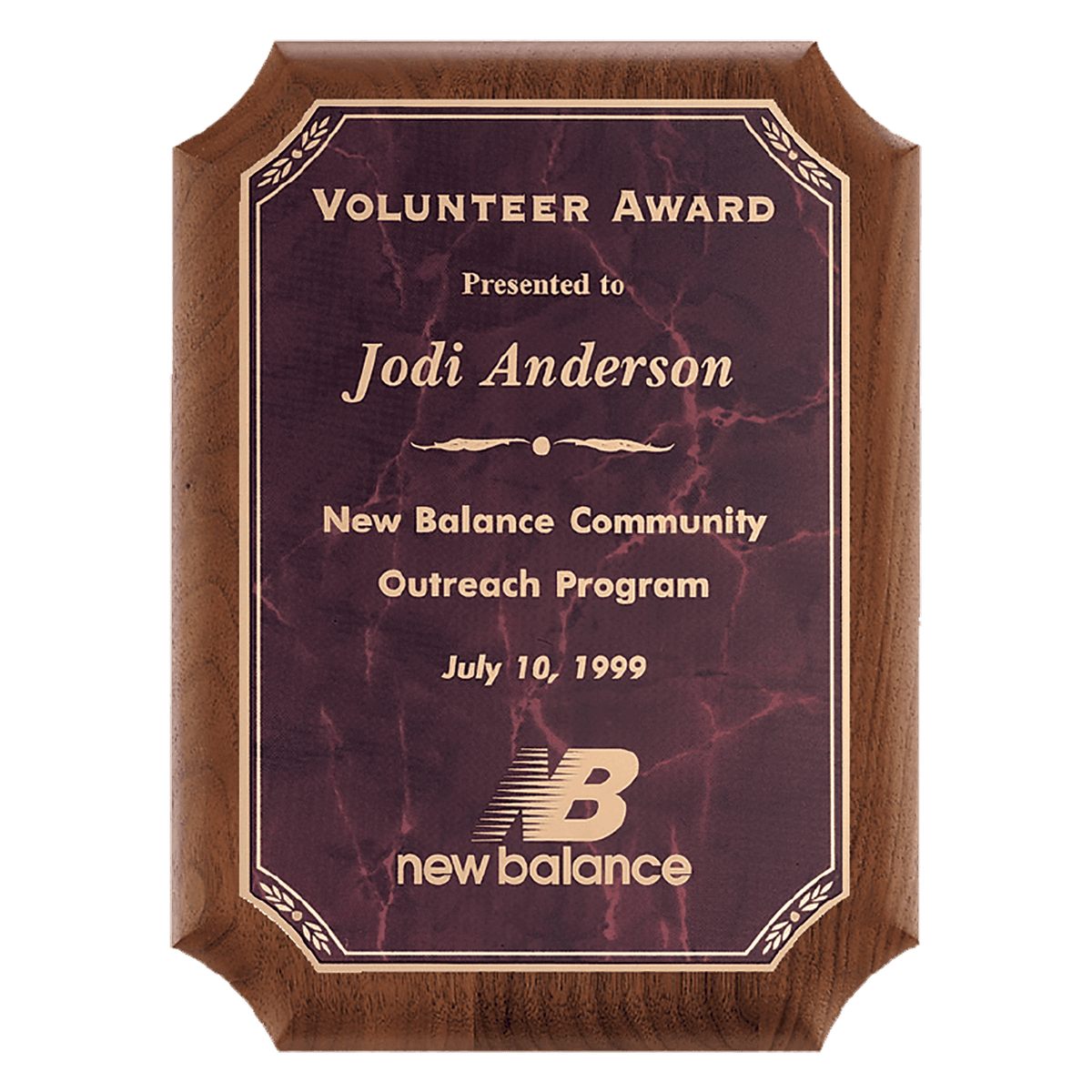 Personalized 8" x 10 1/2" American Walnut Plaque with Gold Border Ruby Marble LaserFX Plate