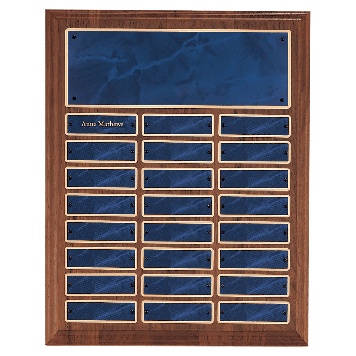 Personalized 12" x 15"/Plates 1" x 3 1/4" American Walnut 24 Plate Perpetual Plaque with Sapphire Marble Brass Plates