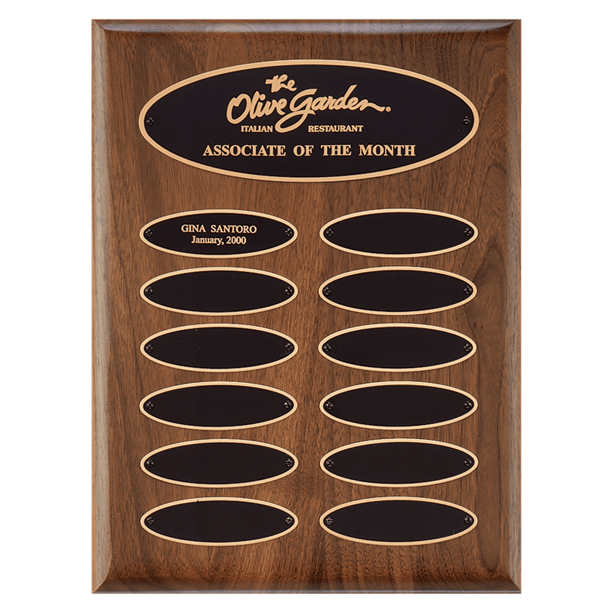 Personalized 9" x 12"/Plates 1" x 3 1/4" American Walnut 12 Plate Perpetual Plaque with Black Brass Elliptical Plates