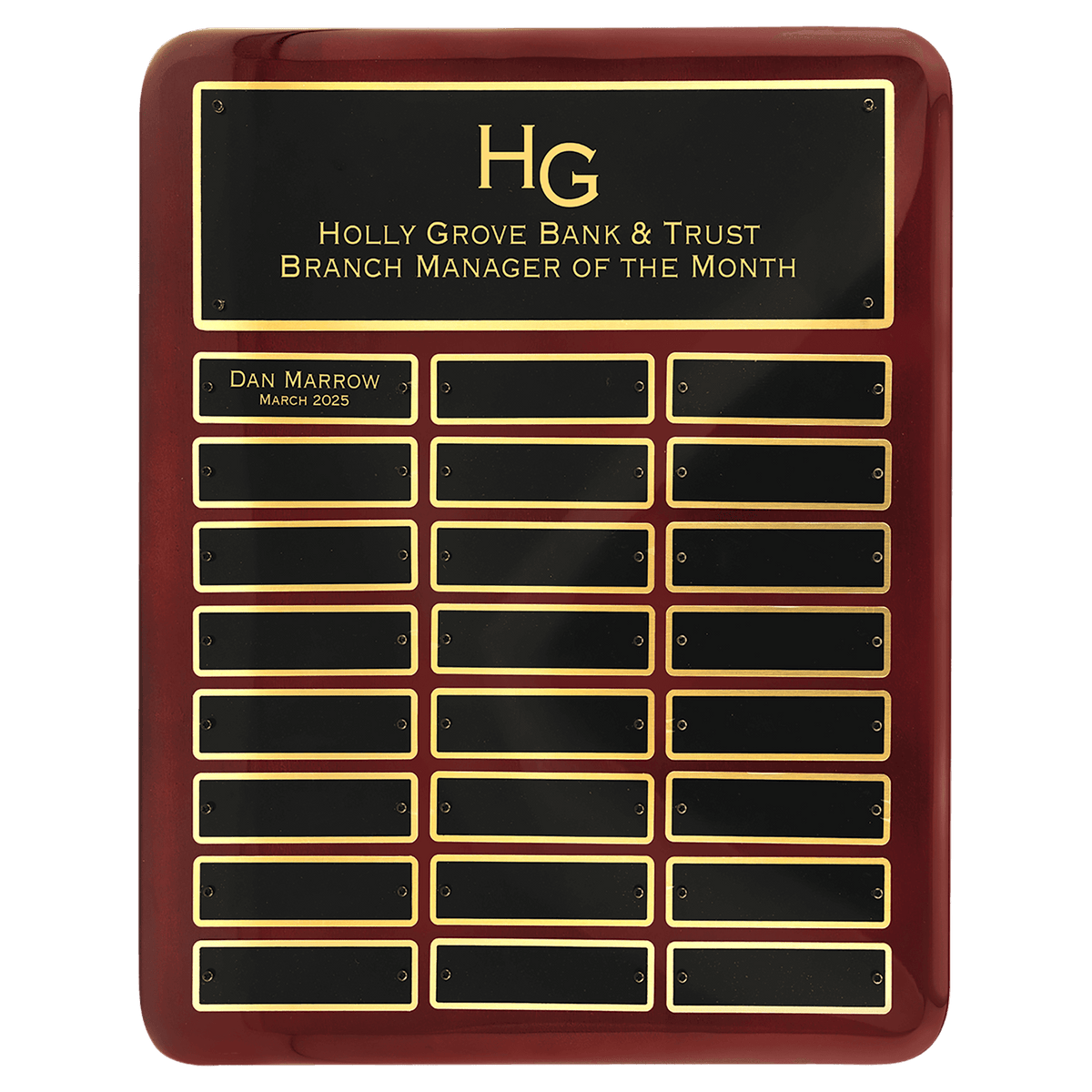 Personalized 12" x 15" Rosewood Piano Finish 24 Plate Perpetual Plaque with Laserable Black Brass Plates