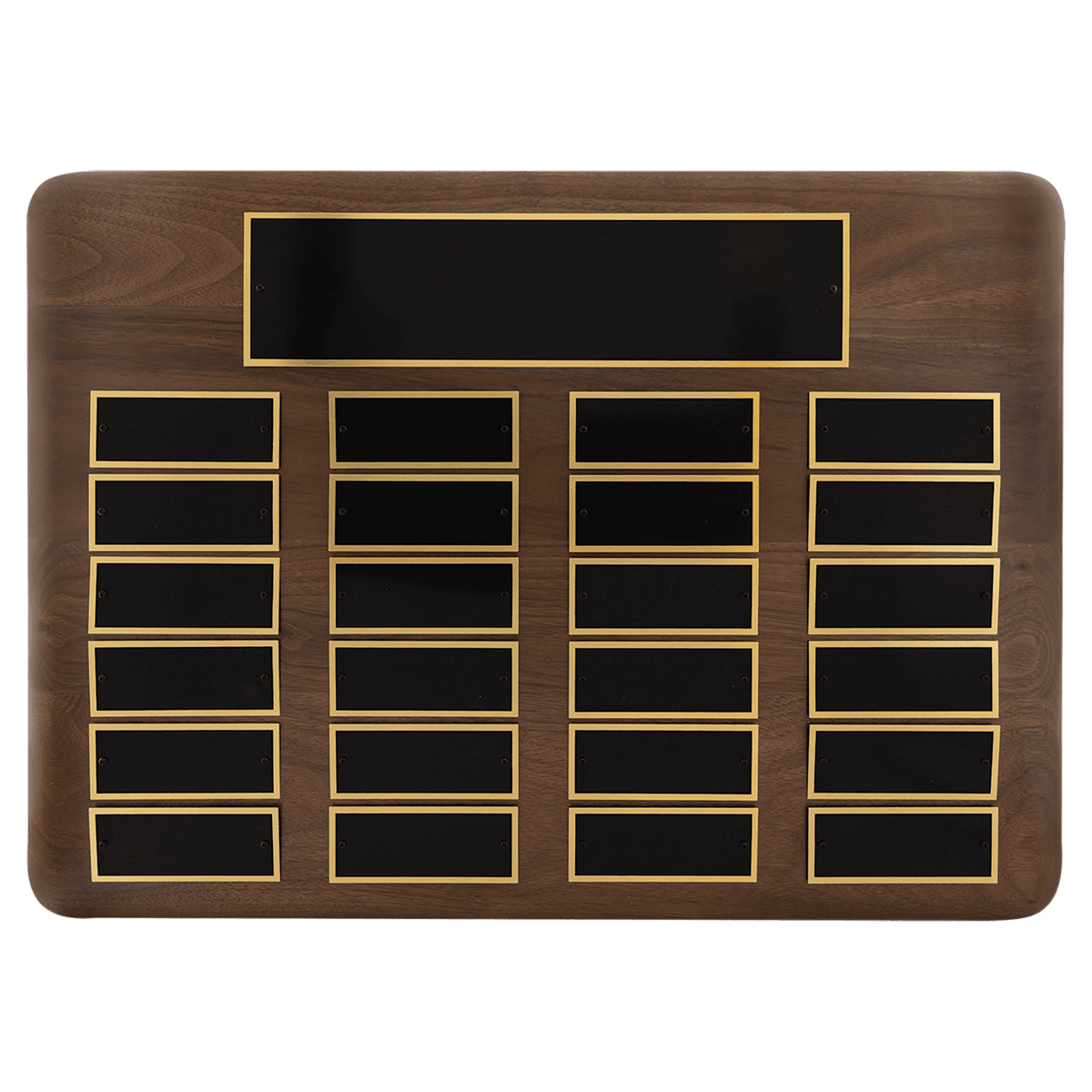 Personalized 15" x 21"/Plates 1 1/2" x 3 3/4" American Walnut 24 Plate Perpetual Plaque with Black Brass Plates