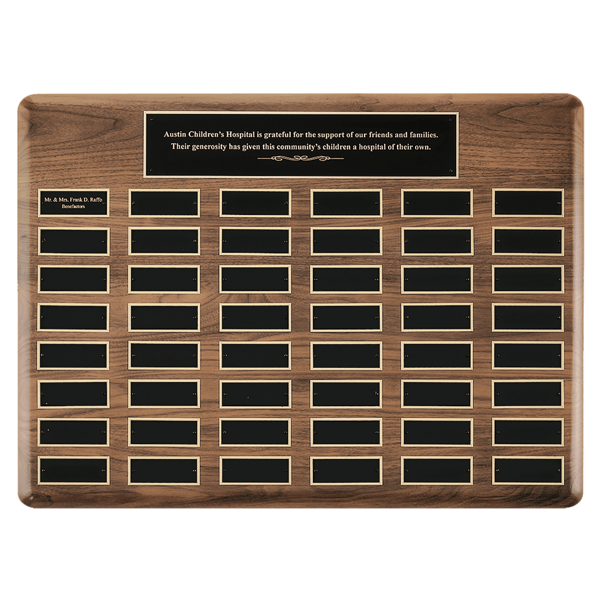 Personalized 20" x 30"/Plates 1 1/2" x 3 3/4" American Walnut 48 Plate Perpetual Plaque with Black Brass Plates