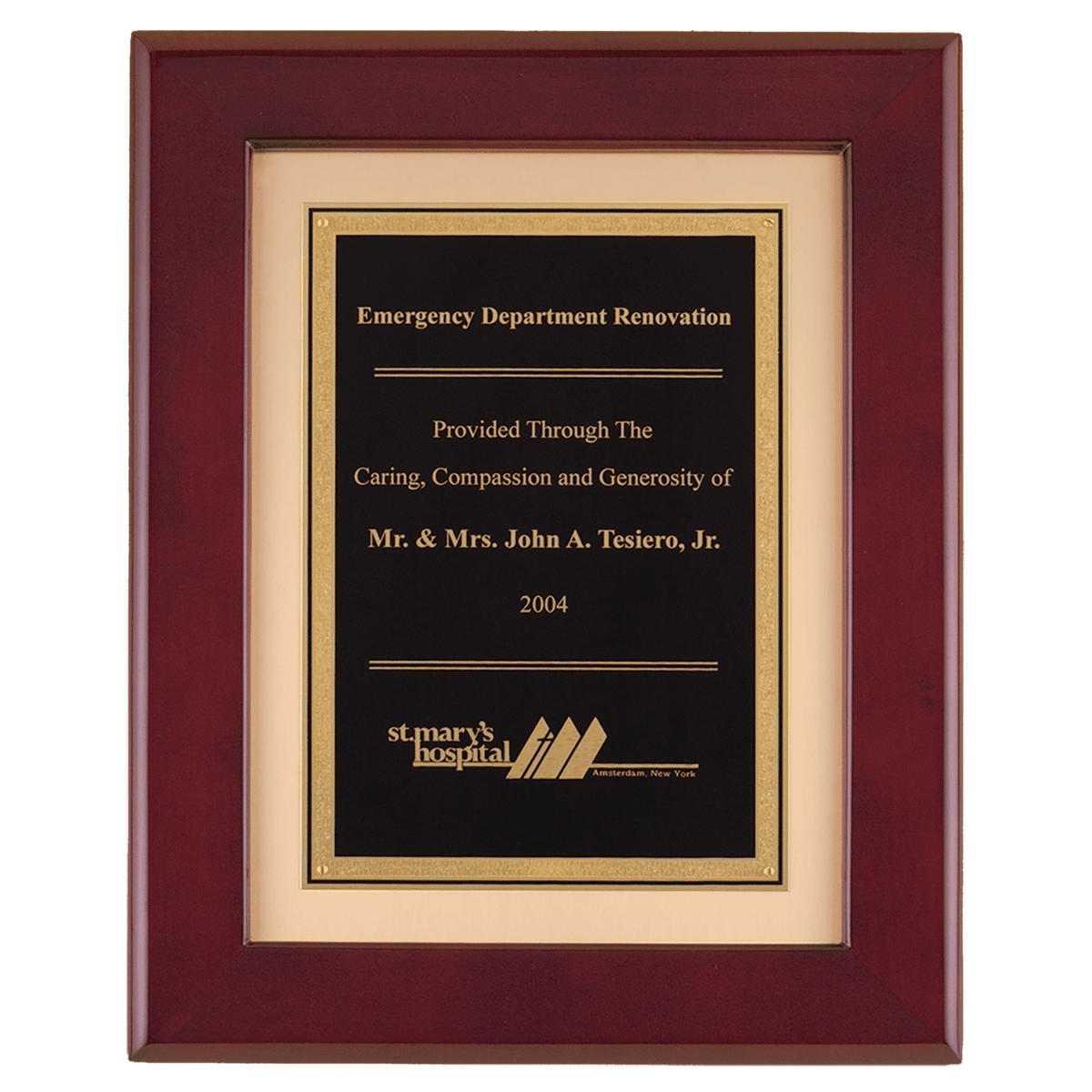 Personalized 12" x 15" Rosewood Piano Finish Frame with Black LaserFX Plate on Brushed Gold Metal Background
