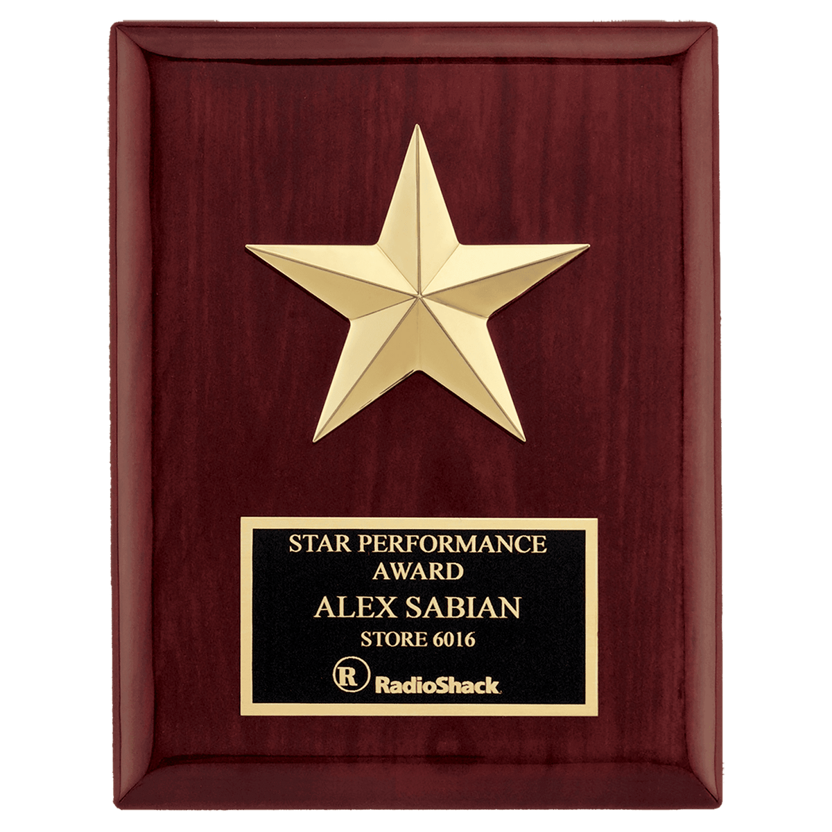 Personalized 6" x 8" Star Casting with Gabled Points and Goldtone Finish on a Rosewood Piano Finish Plaque with a Black Laserable Plate
