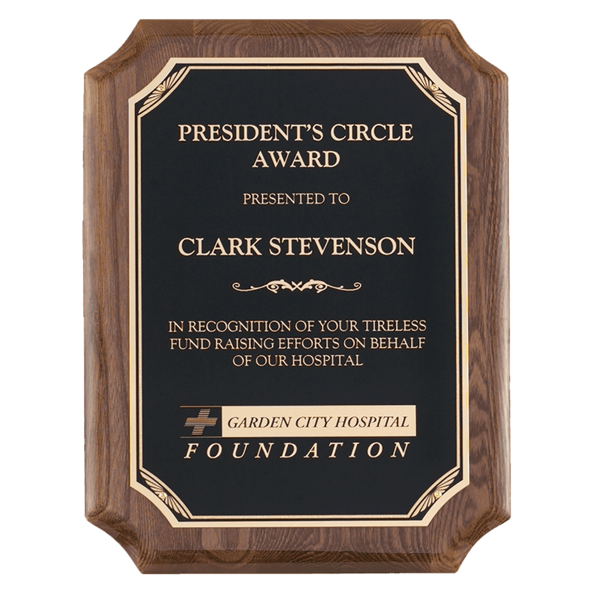 Personalized 8" x 10" Airflyte Walnut Piano Finish Plaque with Gold Florentine Border Black LaserFX Plate