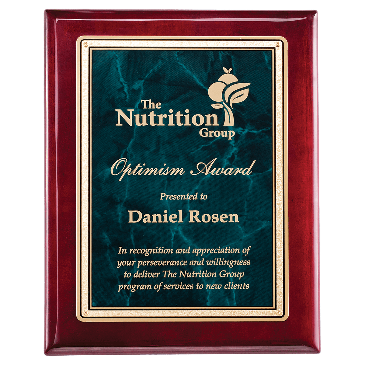 Personalized 7" x 9" Rosewood Piano Finish Plaque with Emerald Marble/Gold Florentine Design LaserFX Plate