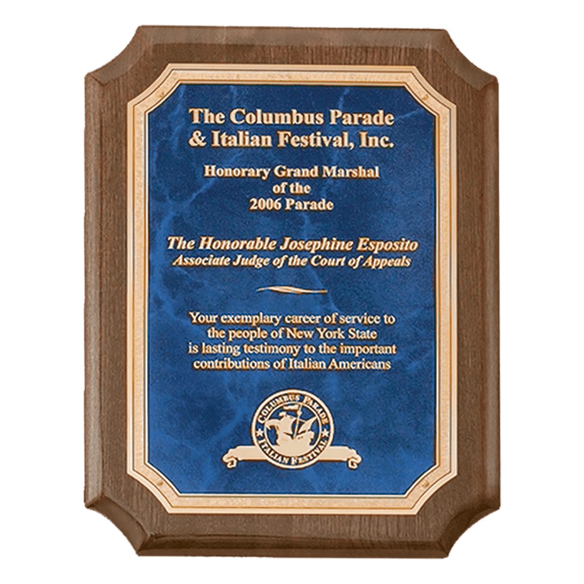 Personalized 7" x 9" Airflyte Premium Walnut Piano Finish Plaque with Gold Florentine Border Sapphire Marble LaserFX Plate