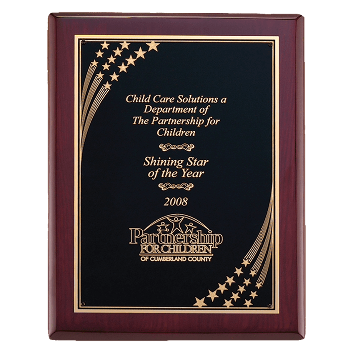 Personalized 7" x 9" Airflyte Rosewood Piano Finish Plaque with Gold Florentine Star Border LaserFX Plate