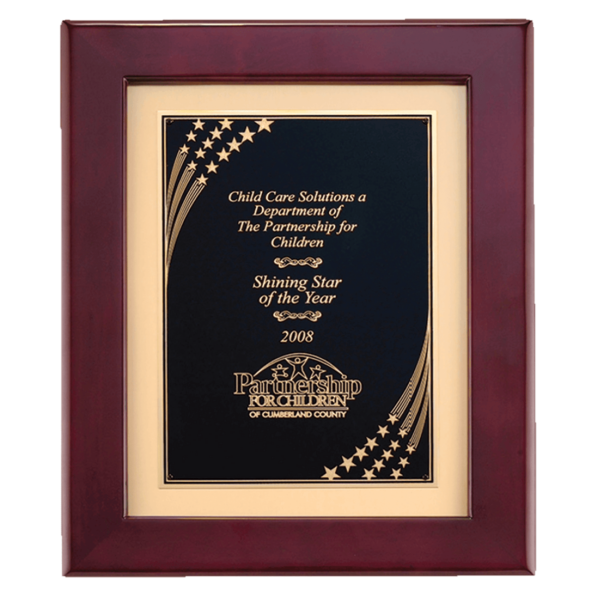 Personalized 12" x 15" Airflyte Rosewood Piano Finish Frame with Gold Metal Background and Florentine Design Star Border Plate