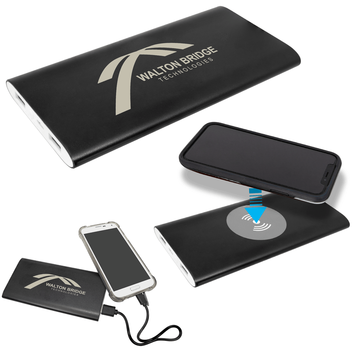 Personalized Black 8000Mah Power Bank & Wireless Anodized Aluminum Charger W/Usb Power Cord - PWR801