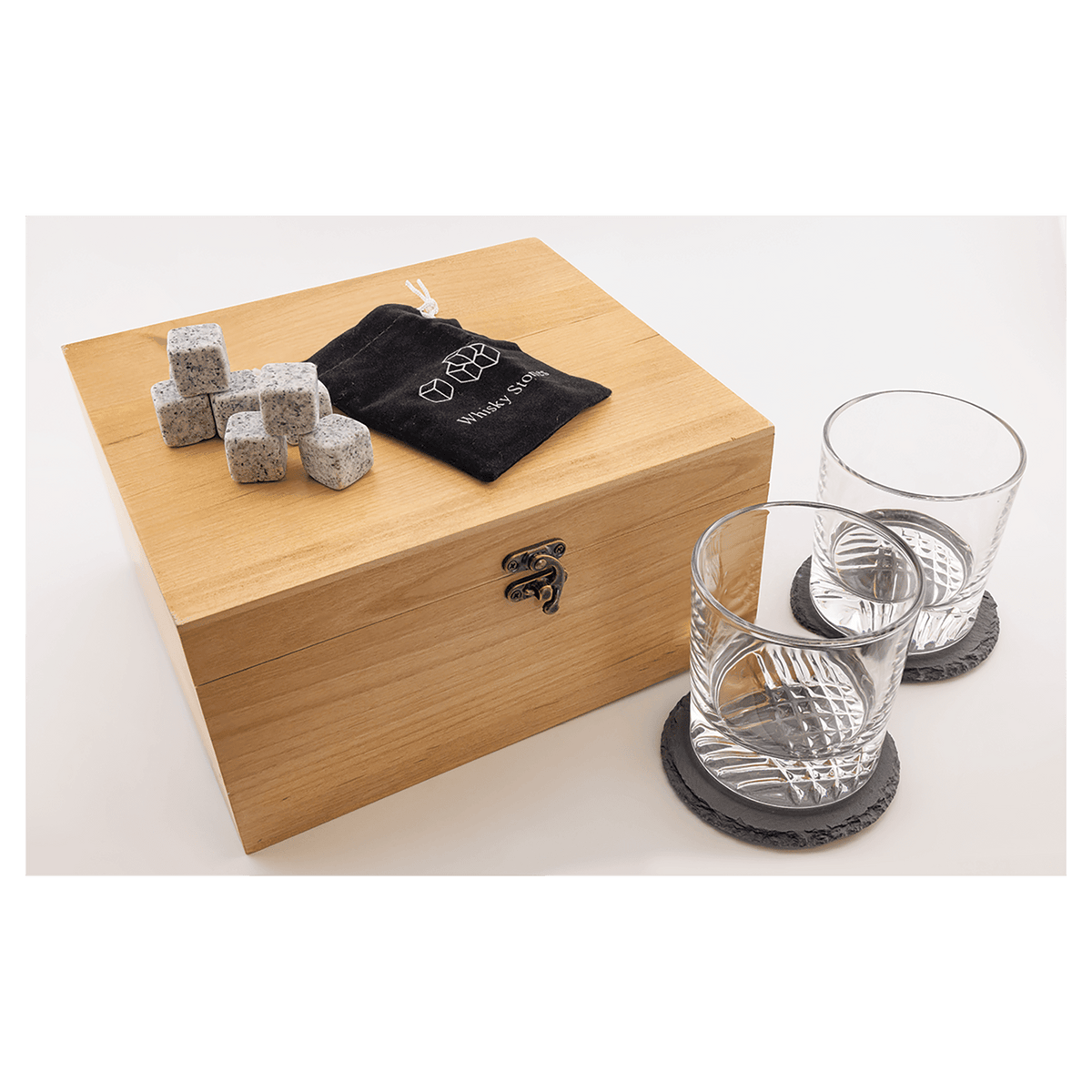Personalized Red Alder Whiskey Set With Two 9 Oz. Glasses, Two 4" Slate Coasters, And Eight Granite Whiskey Stones With Black Velvet Bag - WS101