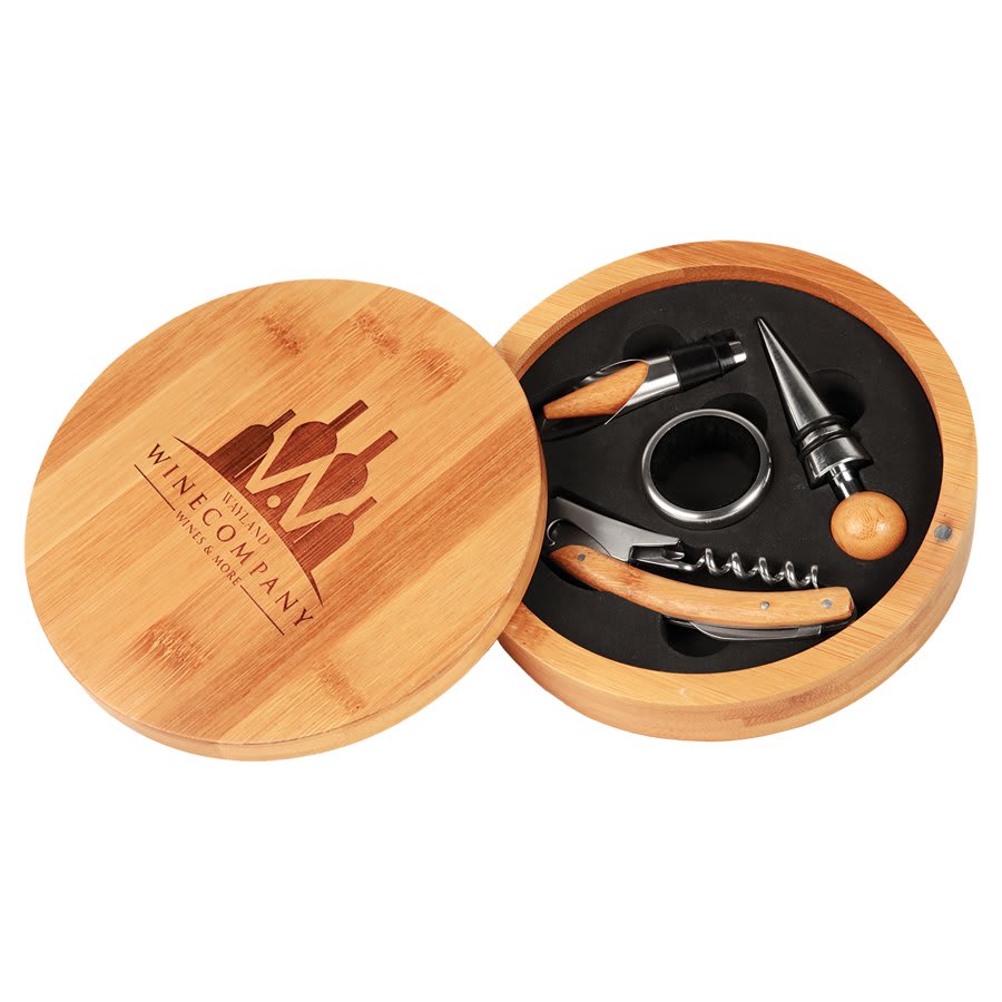 Personalized 6 1/4" Round Bamboo 4-Piece Wine Tool Set - WTL07