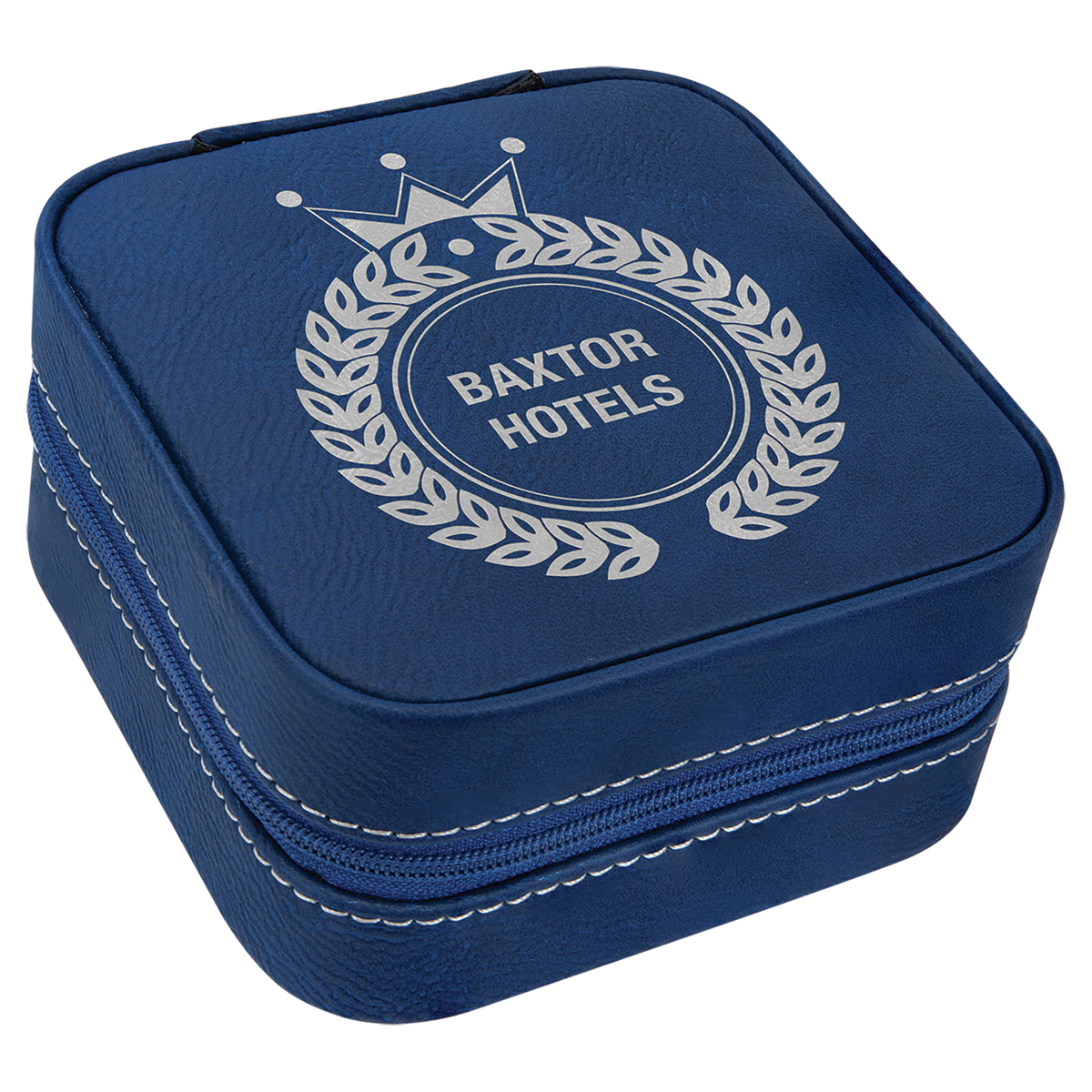 Personalized 4" X 4" Blue/Silver Leatherette Travel Jewelry Box With Tan Lining - GFT2306