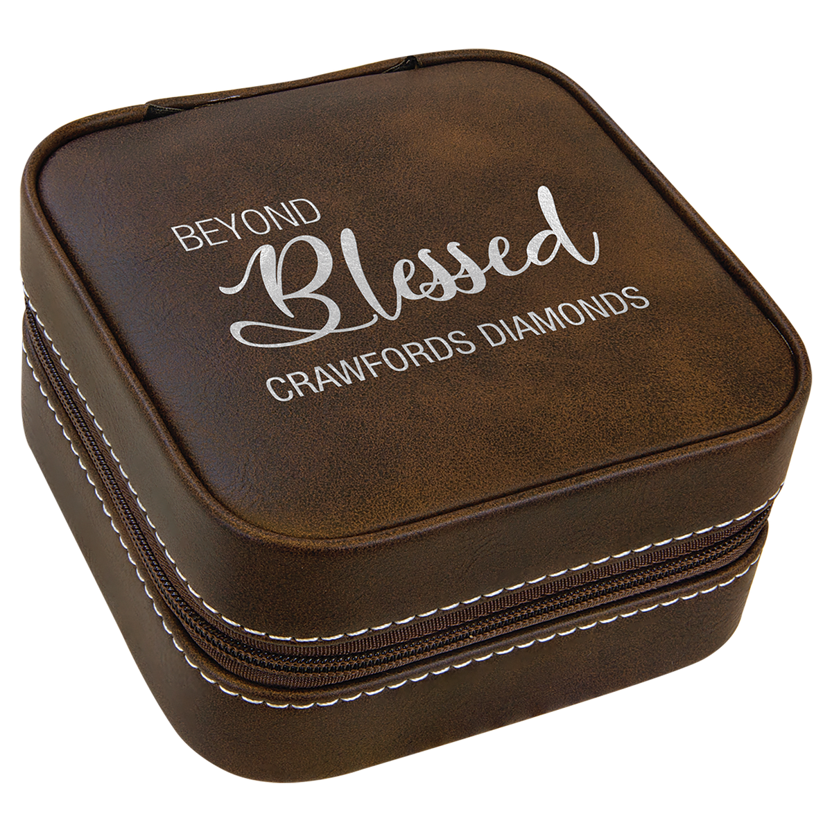 Personalized 4" X 4" Rustic/Silver Leatherette Travel Jewelry Box With Tan Lining - GFT2307