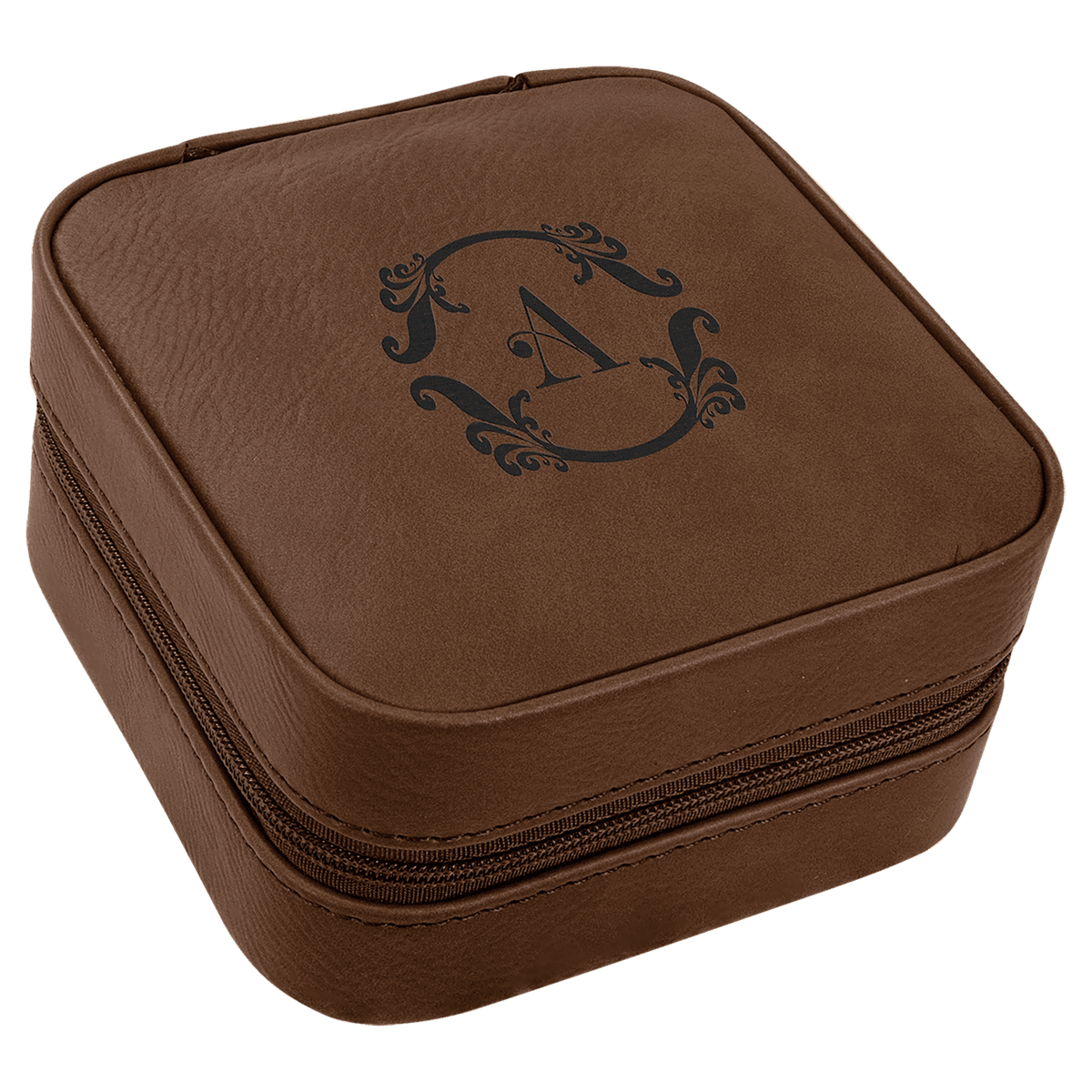 Personalized 4" X 4" Dark Brown Laserable Leatherette Travel Jewelry Box With Black Lining - GFT2330