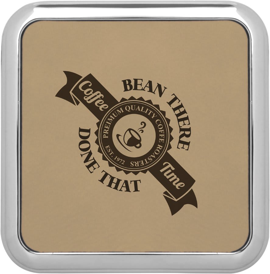 Personalized 3 5/8" X 3 5/8" Square Light Brown Laserable Leatherette Coaster W/Silver Edge - GFT420