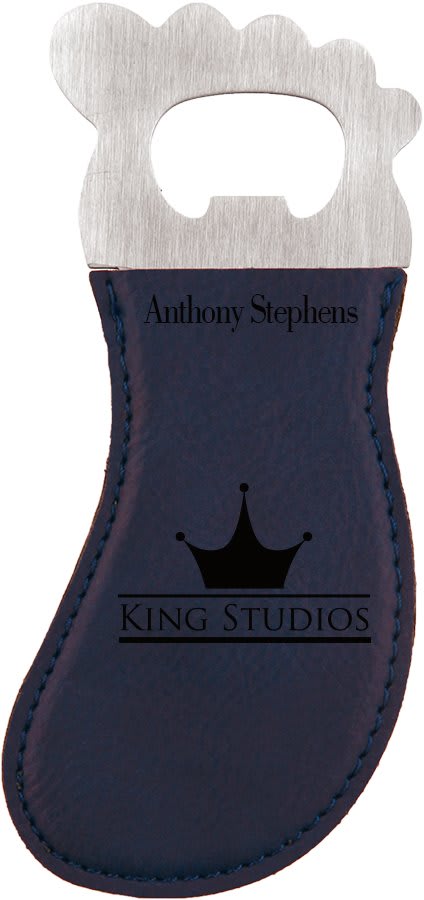 Personalized Blue/Back Laserable Leatherette Foot Shaped Bottle Opener With Magnet - GFT565