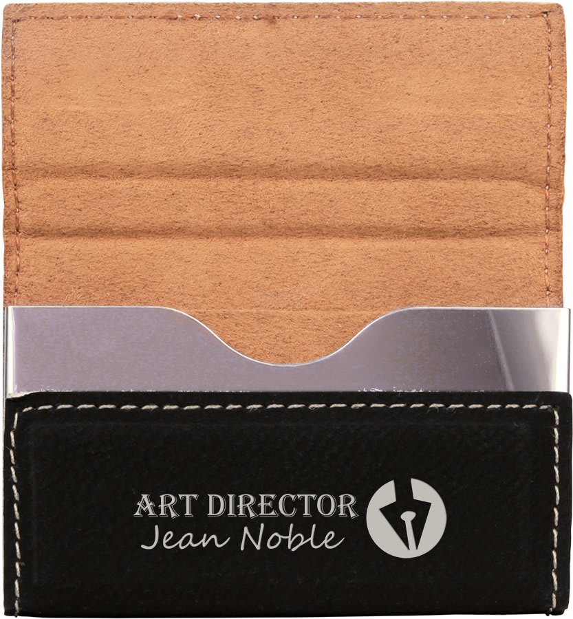 Personalized 3 3/4" X 2 3/4" Black/Gold Laserable Leatherette Hard Business Card Holder - GFT606