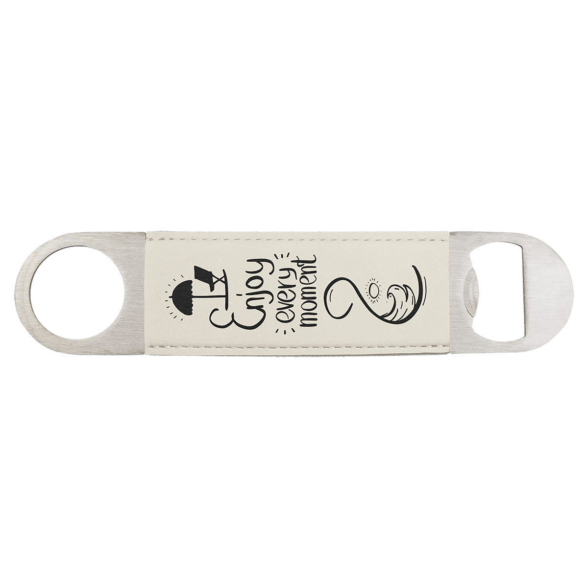 Personalized 1 1/2" X 7" White/Black Laserable Leatherette Bottle Opener - GFT762