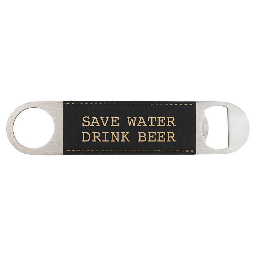 Personalized 1 1/2" X 7" White/Black Laserable Leatherette Bottle Opener - GFT767