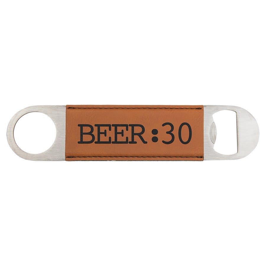 Personalized 1 1/2" X 7" White/Black Laserable Leatherette Bottle Opener - GFT768