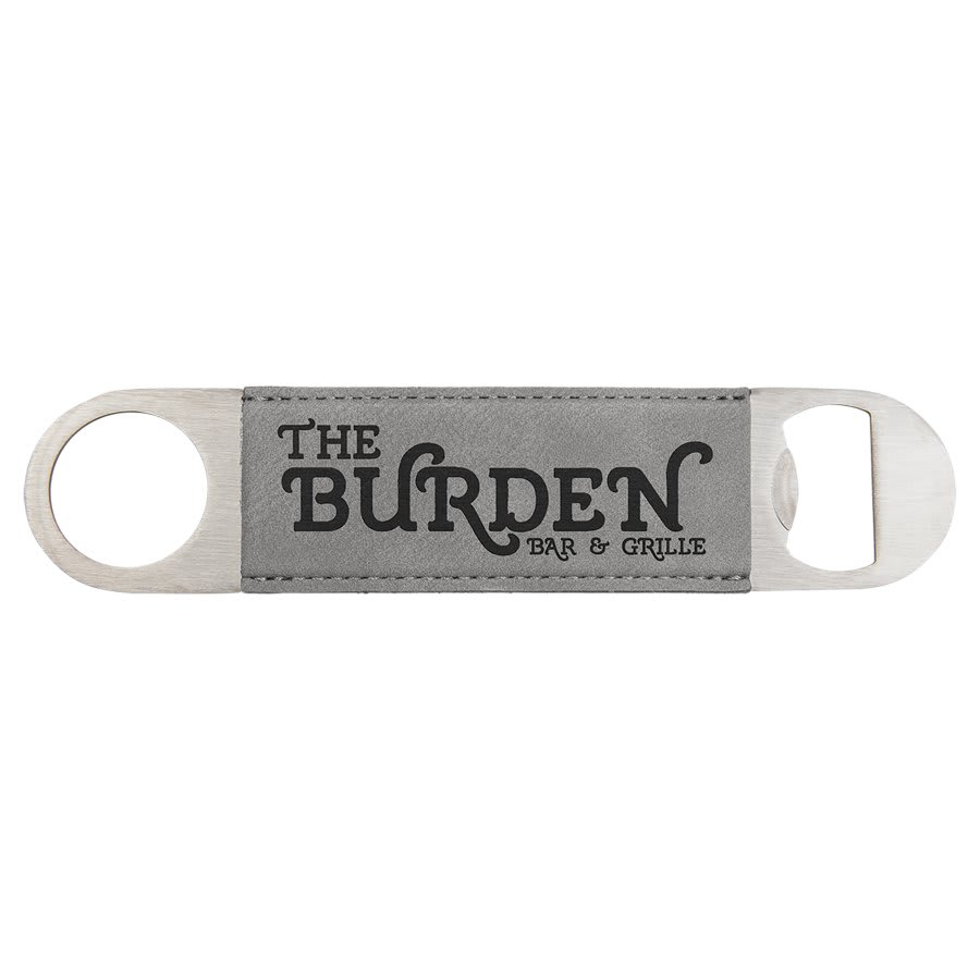 Personalized 1 1/2" X 7" White/Black Laserable Leatherette Bottle Opener - GFT769