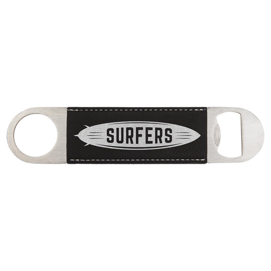 Personalized 1 1/2" X 7" White/Black Laserable Leatherette Bottle Opener - GFT773