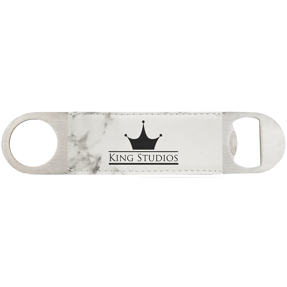 Personalized 1 1/2" X 7" White Marble Laserable Leatherette Bottle Opener - GFT876