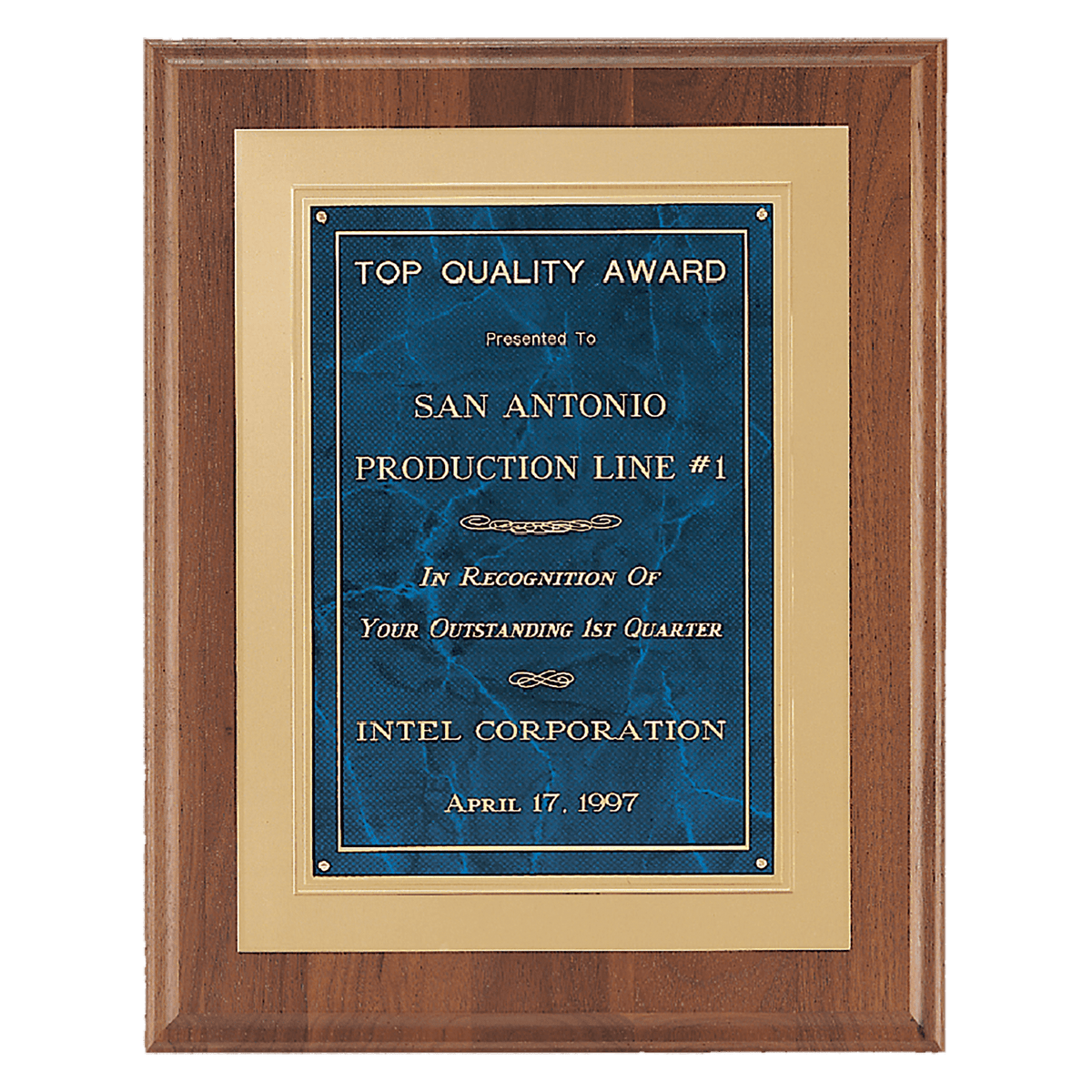Personalized 12" x 15" American Walnut Step Edge Plaque with Sapphire Marble Gold Framed LaserFX Plate