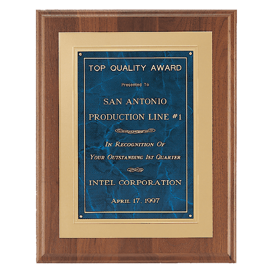 Personalized 12" x 15" American Walnut Step Edge Plaque with Sapphire Marble Gold Framed LaserFX Plate