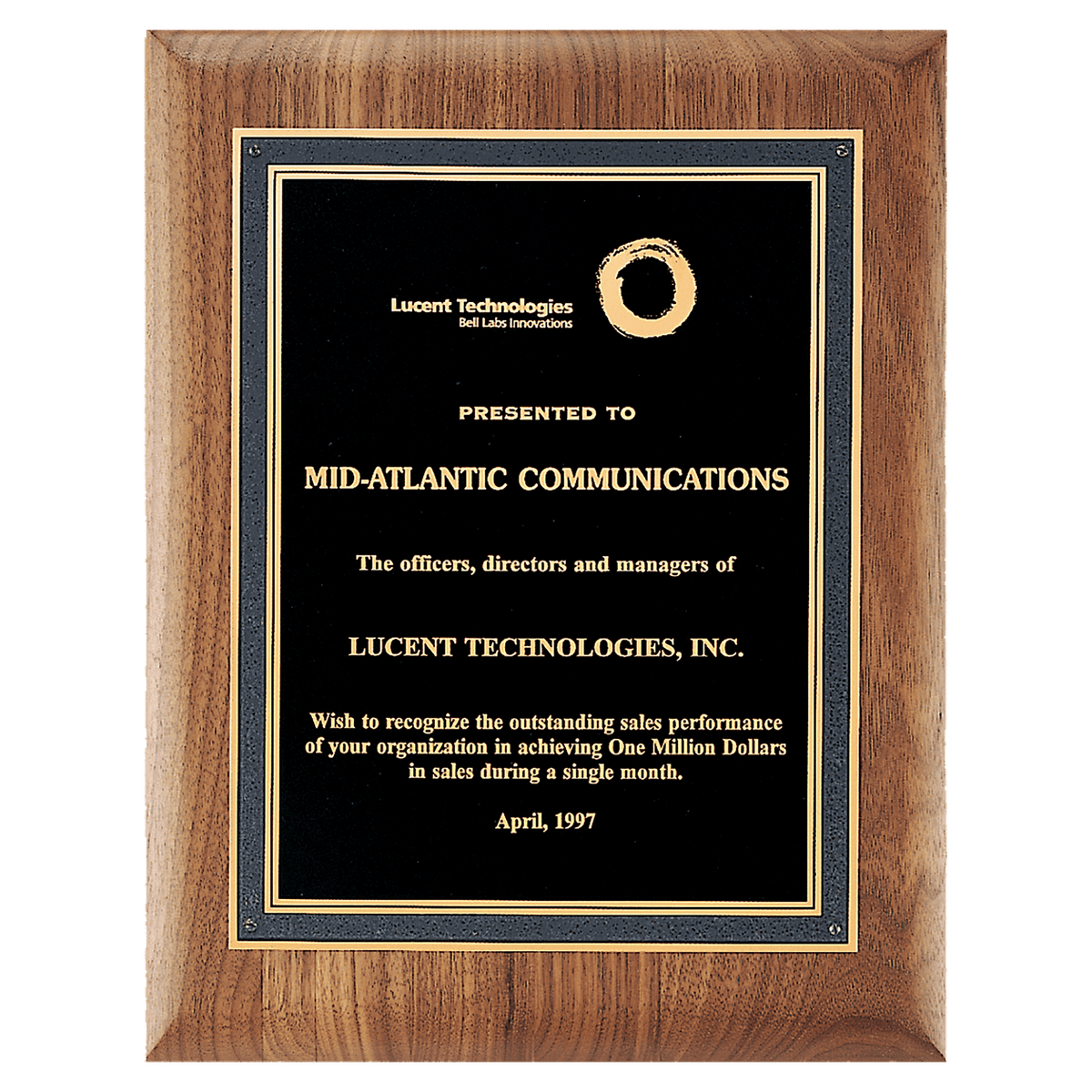 Personalized 8" x 10 1/2" American Walnut Plaque with Black/Gold Florentine Border Textured Black LaserFX Plate