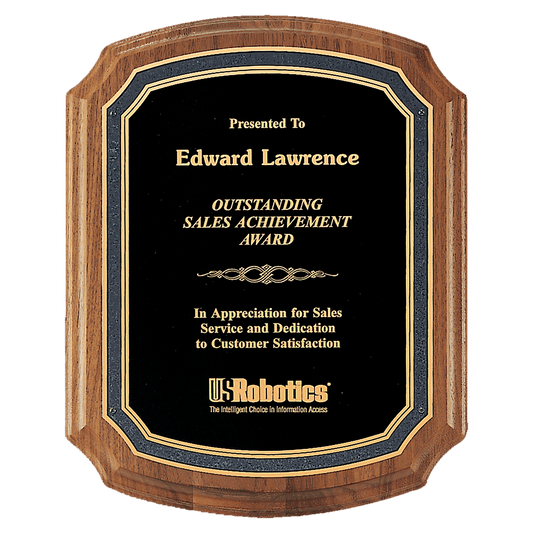 Personalized 10 1/2" x 13" American Walnut Plaque with Black/Gold Florentine Border Textured Black Plate
