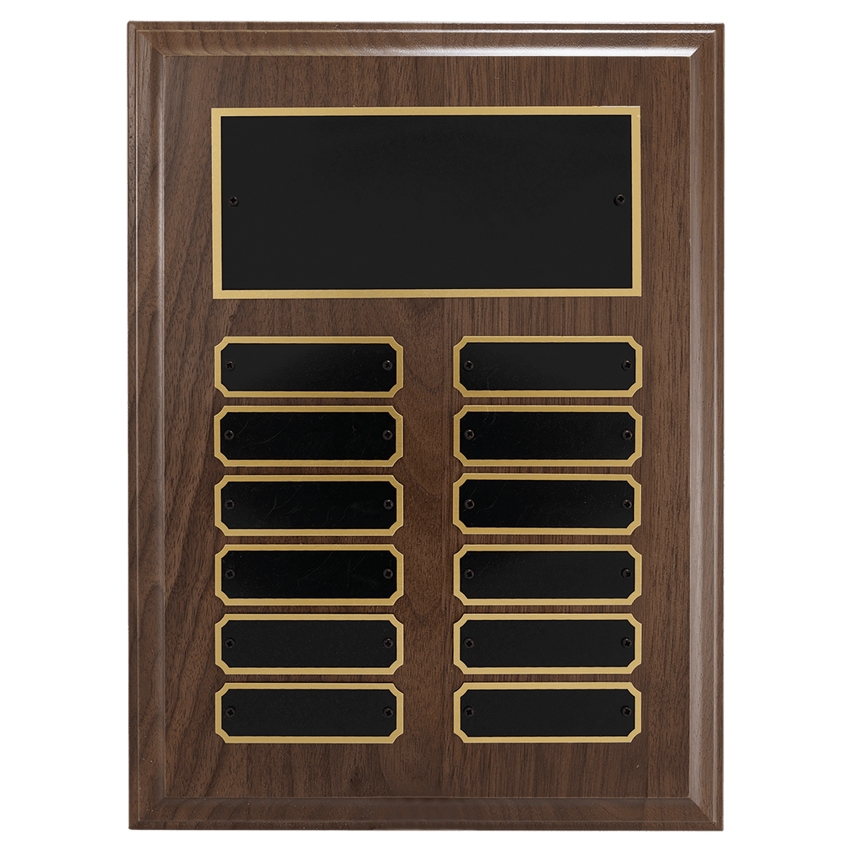 Personalized 9" x 12"/Plates 7/8" x 2 3/4" Walnut Step-Edge 12 Plate Perpetual Plaque with Black Brass Plate