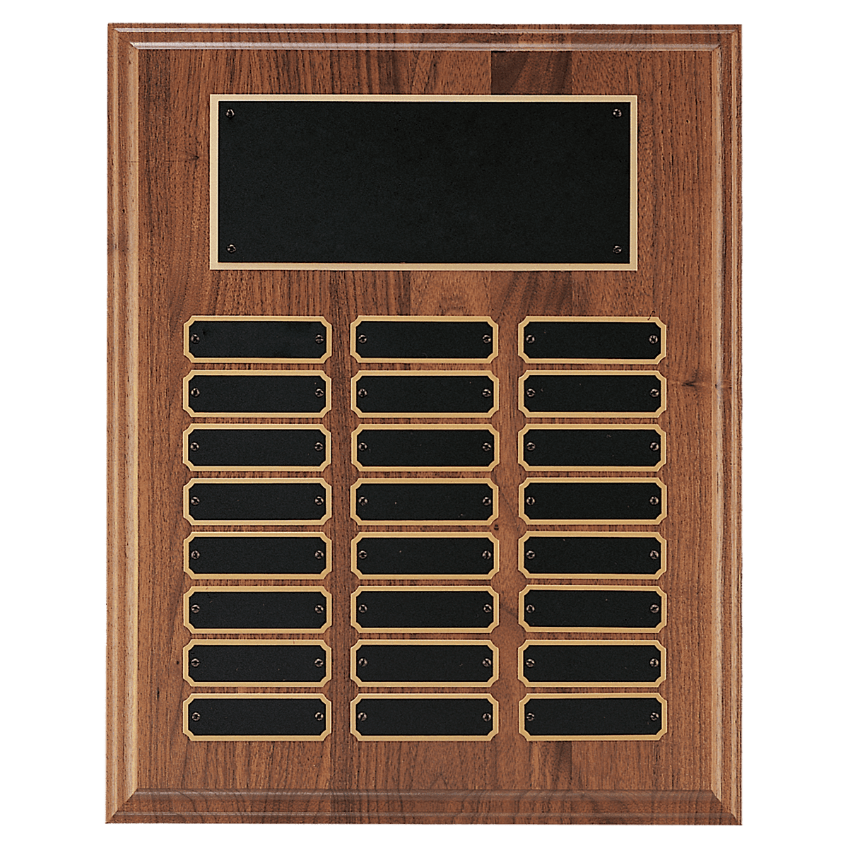 Personalized 12" x 15" Walnut Step-Edge 24 Plate Perpetual Plaque with Black Brass Plate