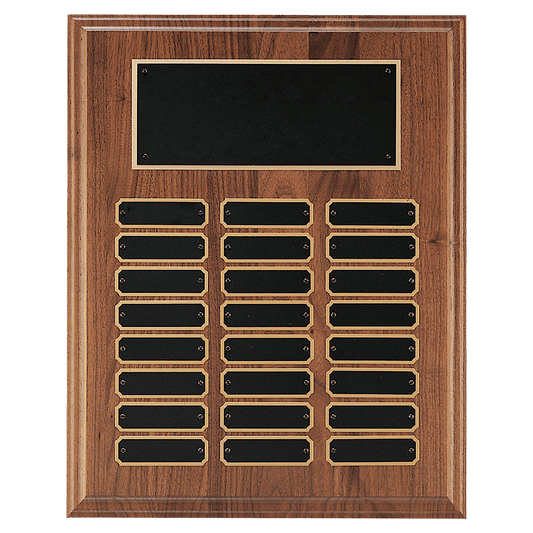 Personalized 12" x 15" Walnut Step-Edge 24 Plate Perpetual Plaque with Black Brass Plate