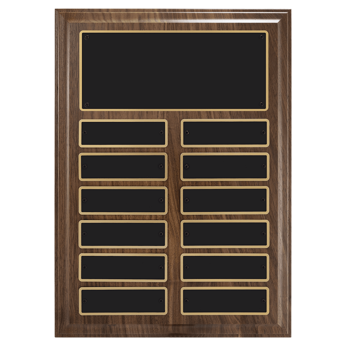Personalized 9" x 12"/Plates 1" x 3 1/4" Walnut Step-Edge 12 Plate Perpetual Plaque with Black Brass Plate