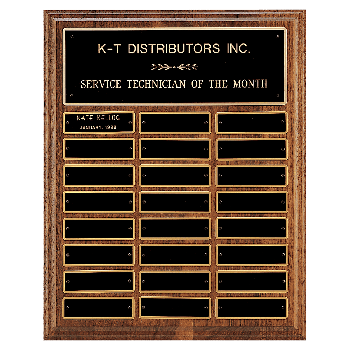 Personalized 12" x 15"/Plates 1" x 3 1/4" Walnut Step-Edge 24 Plate Perpetual Plaque with Black Brass Plate