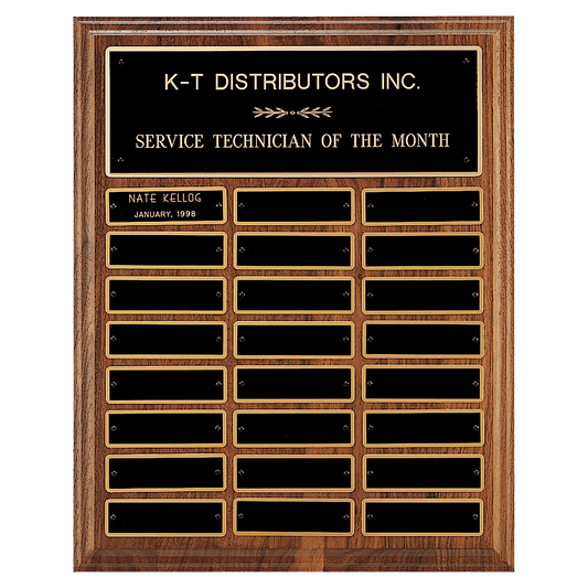 Personalized 12" x 15"/Plates 1" x 3 1/4" Walnut Step-Edge 24 Plate Perpetual Plaque with Black Brass Plate