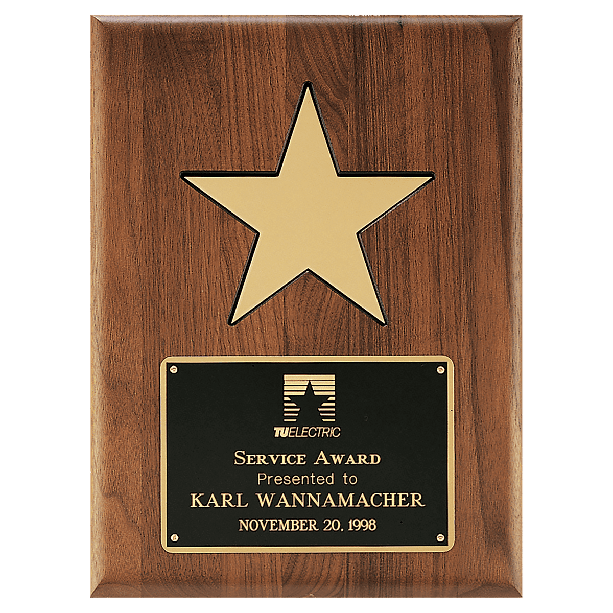 Personalized 9" X 12" Gold Aluminum Star on a Solid Walnut Plaque with Black Recessed Area and Black LaserFX Plate