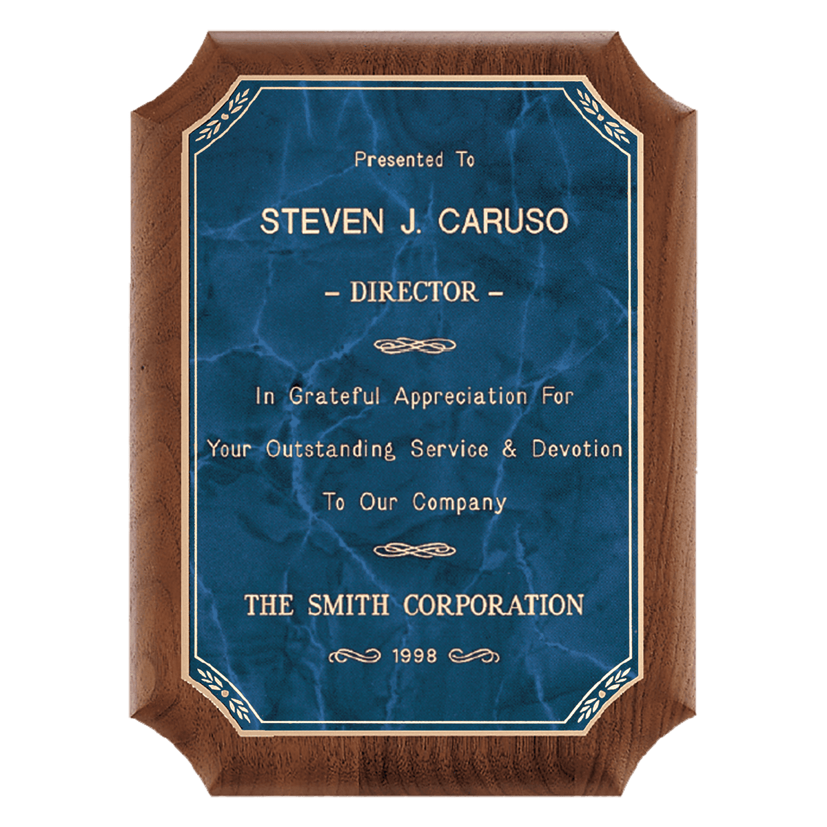 Personalized 9" x 12" American Walnut Plaque with Gold Border Sapphire Marble LaserFX Plate
