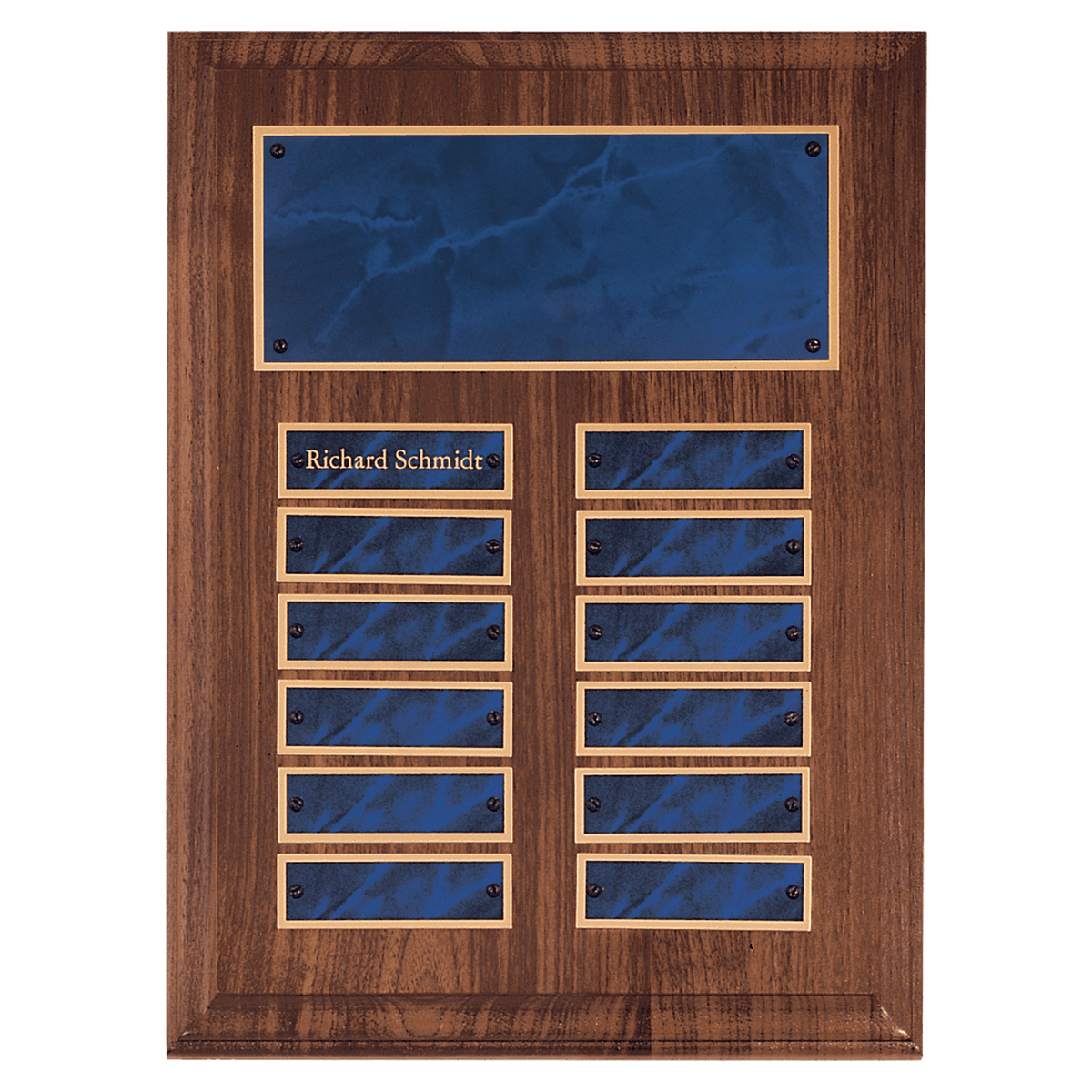 Personalized 9" x 12" American Walnut 12 Plate Perpetual Plaque with Sapphire Marble Brass Plates