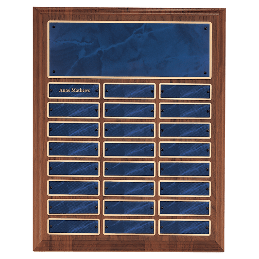 Personalized 12" x 15"/Plates 1" x 3 1/4" American Walnut 24 Plate Perpetual Plaque with Sapphire Marble Brass Plates