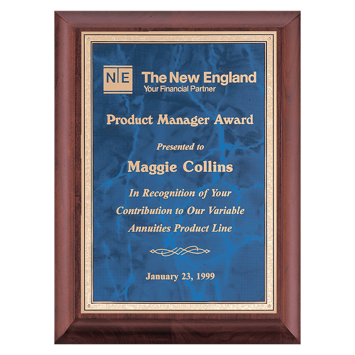 Personalized 8" x 10" Hand Rubbed Cherry Finish Plaque with Sapphire Marble Gold Border LaserFX Plate
