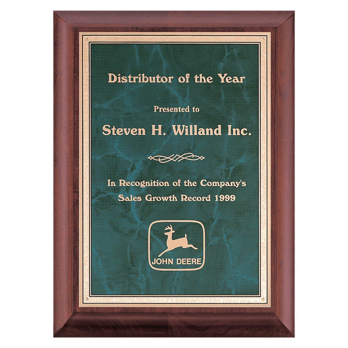 Personalized 7" x 9" Hand Rubbed Cherry Finish Plaque with Emerald Marble Gold Border LaserFX Plate