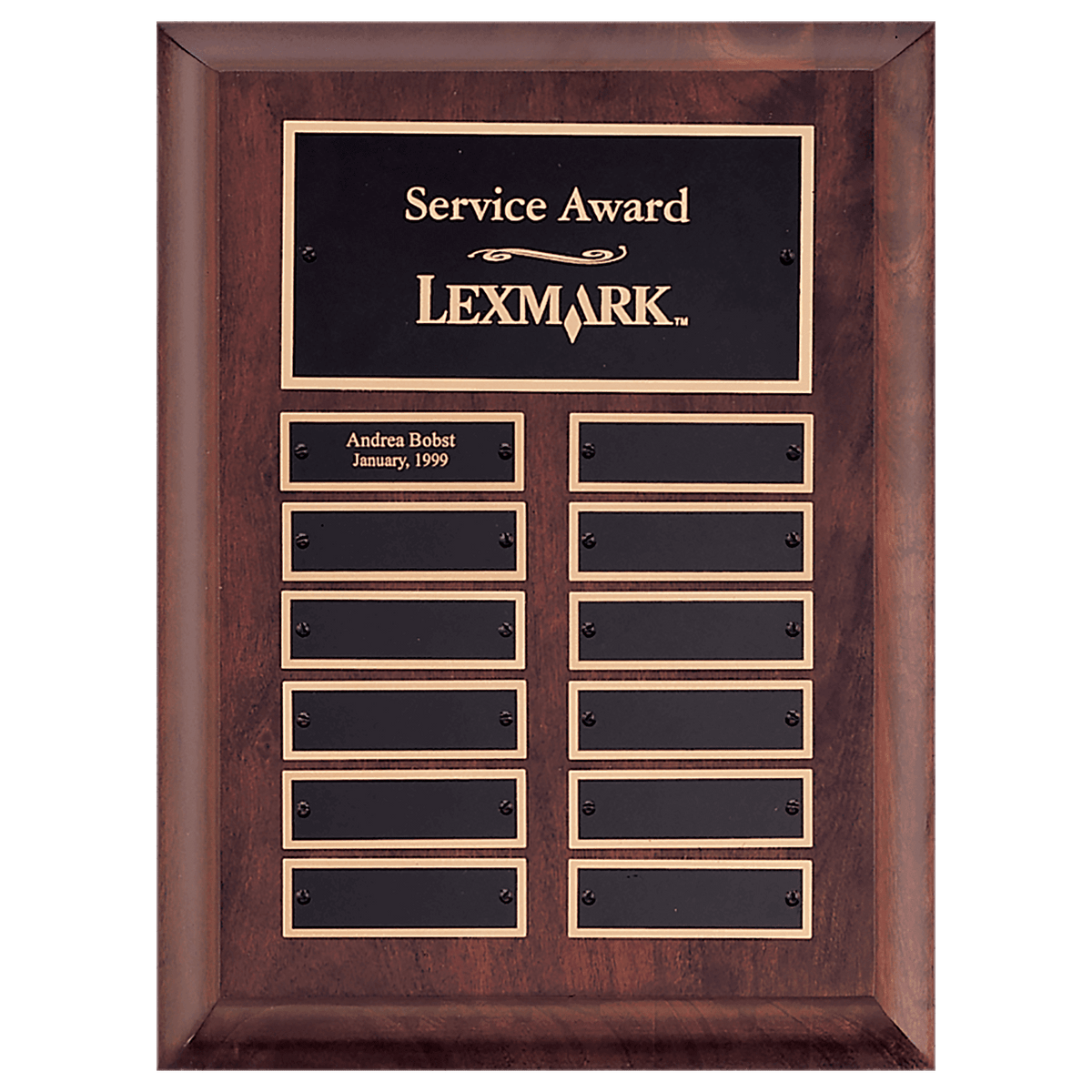 Personalized 9" x 12" Airflyte Cherry Finish Perpetual Plaque with 12 Gold Border Black Laserable Brass Perpetual Plates