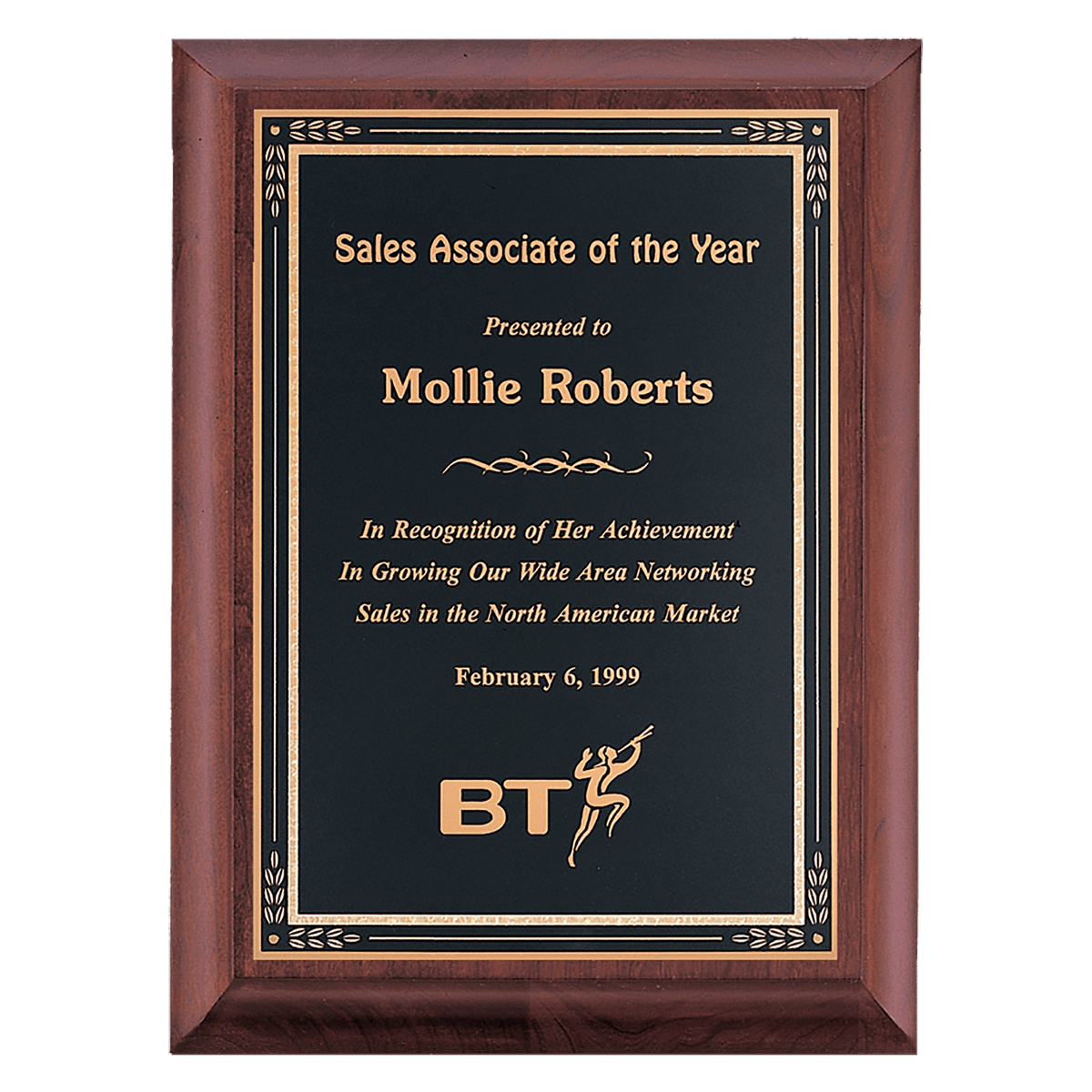 Personalized 8" x 10" Hand Rubbed Cherry Finish Plaque with Black Gold Florentine Border LaserFX Plate