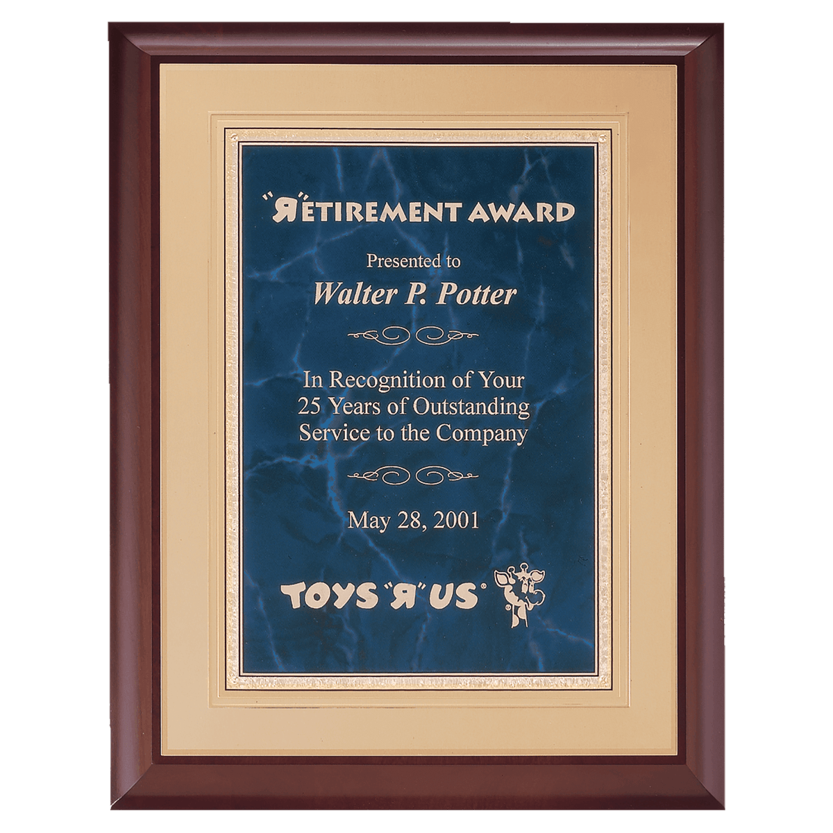 Personalized 11" x 14" Hand Rubbed Cherry Finish Plaque with a Sapphire Gold Border Florentine LaserFX Plate on an Gold Embossed Back Plate