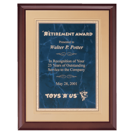 Personalized 11" x 14" Hand Rubbed Cherry Finish Plaque with a Sapphire Gold Border Florentine LaserFX Plate on an Gold Embossed Back Plate